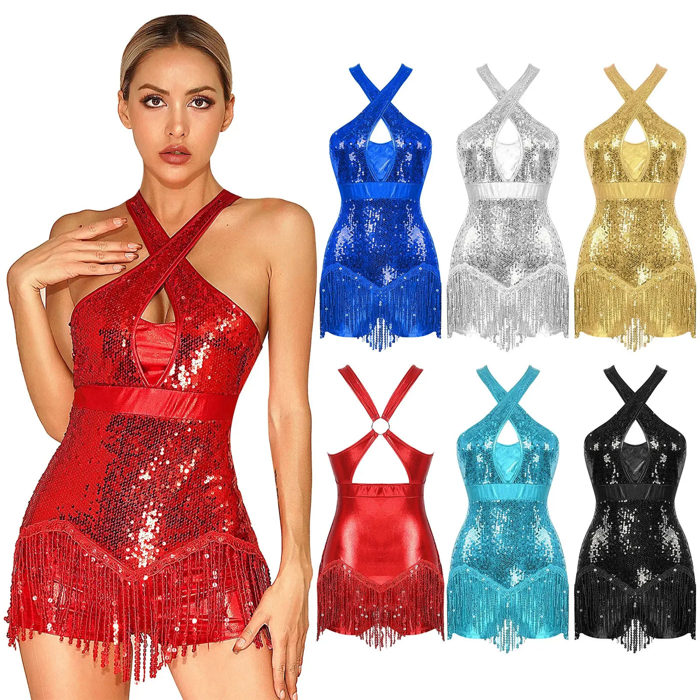 Women's Sequin Dance Dress Latin American Dance Costume Body Sleeveless Classical Samba Rumba Dresses Jazz Ballerina Dancewear