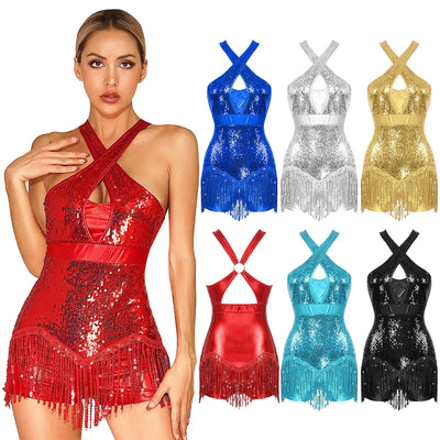 Women's Sequin Dance Dress Latin American Dance Costume Body Sleeveless Classical Samba Rumba Dresses Jazz Ballerina Dancewear