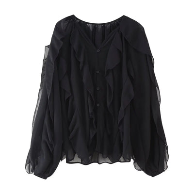 Women's Casual Ruffled Shirt Loose Lace Up Hollow Out V Neck Tops 2025 Spring Blouses Women Clothes