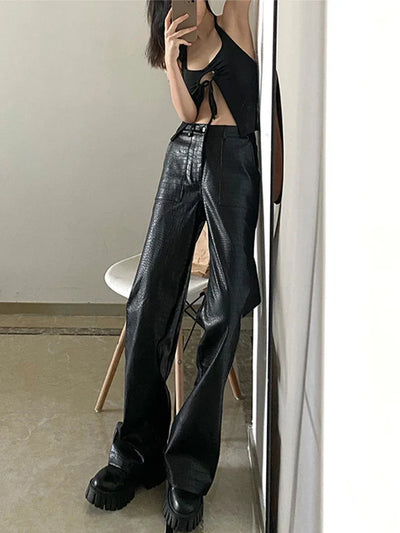 Lautaro Autumn Long Black Crocodile Texture Leather Pants Women Zipper High Waist Y2k Clothes Streetwear Women Trousers 2022
