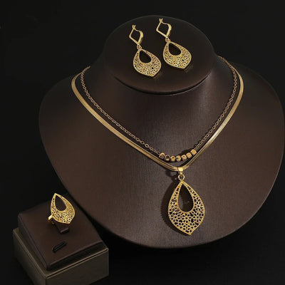 Fine Jewelry Set Stainless steel double layer clavicle chain Necklace+Earrings + Ring Gold Jewelry Sets For Women  Charm Jewelry