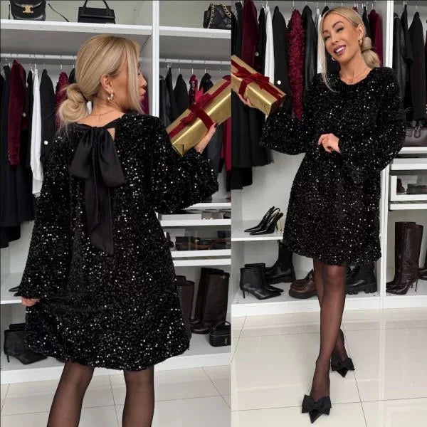 French Velvet A-Line Mini Dress for Women Autumn Sequins Patchwork High End Style Back Bow Sparkling Dress Ladies Dress Vestido