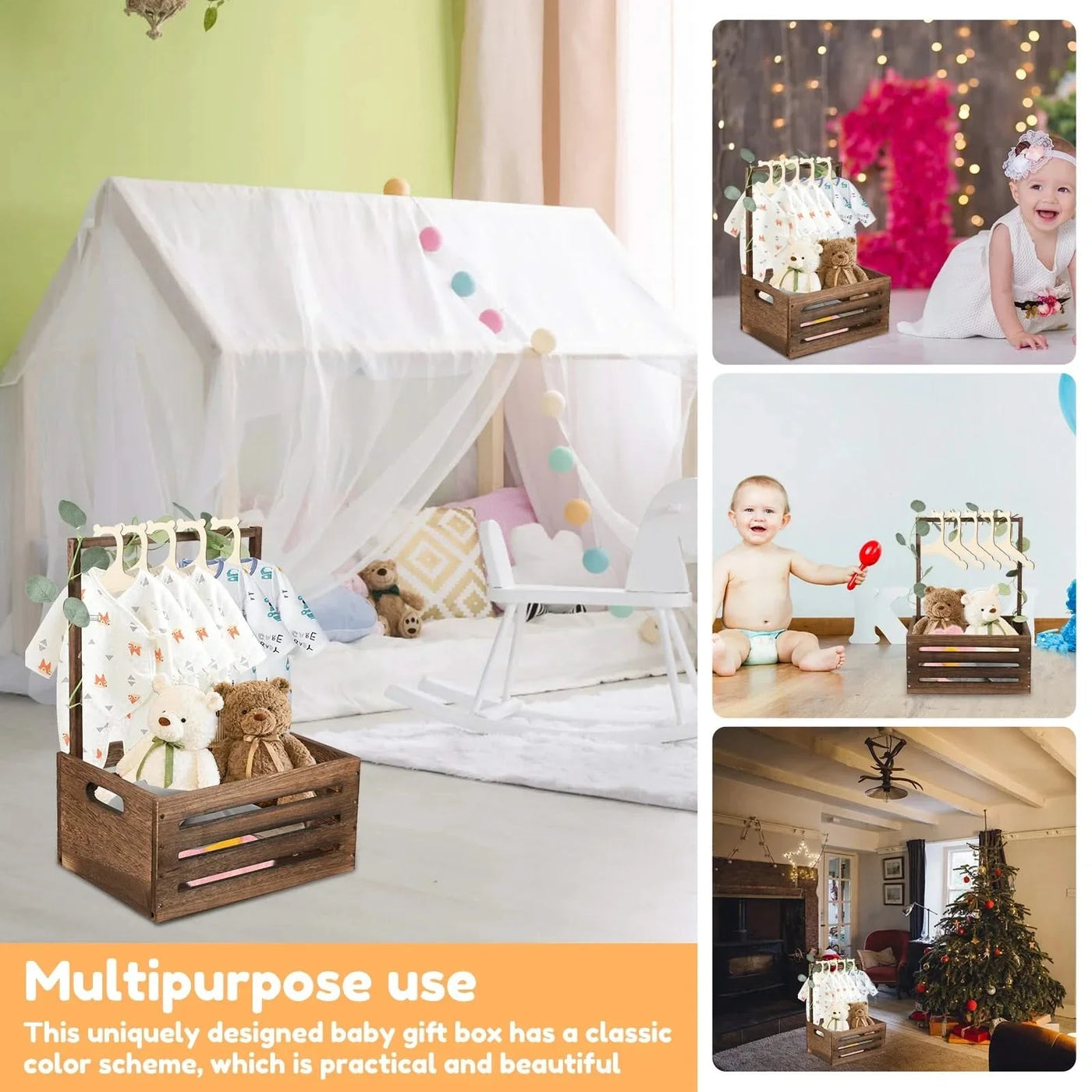 Wood Storage Crate Baby Toys Clothing Organizer Box Children Portable Basket Long Handle Sturdy