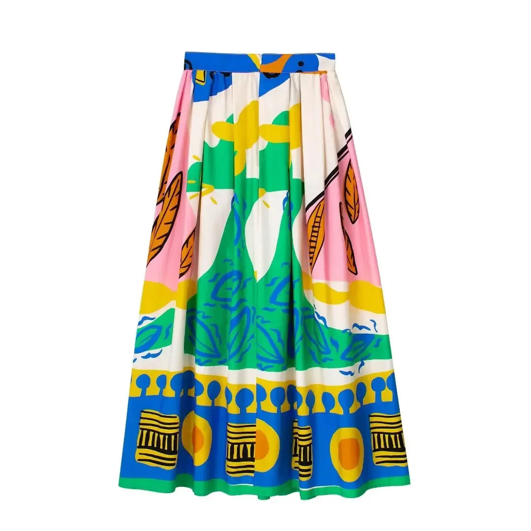 Printed Long Skirts For Women Fashion 2025 Pleated Midi Skirt Woman High Waist Skirt Sets Streetwear Summer Beach Skirt