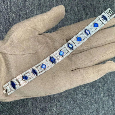 Wong Rain Elegant 100% 925 Sterling Silver Marquise Cut Sapphire Gemstone Women Bracelets Bangle Fine Jewelry Anniversary Gifts