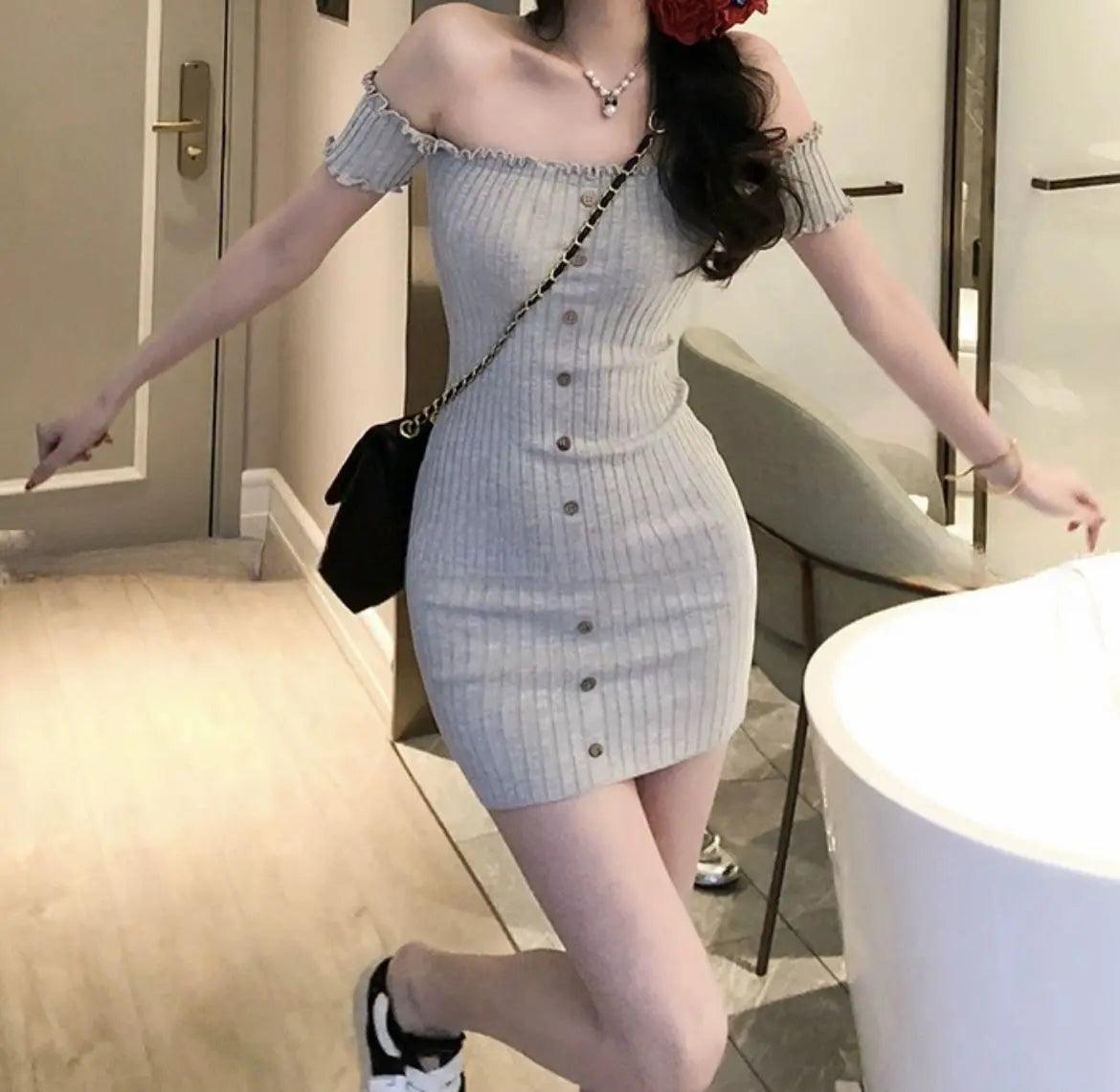 Woman dress for women 2025 vestidos de mujer fashion slash neck tunic robe femme ruffles bodycon knitted button summer