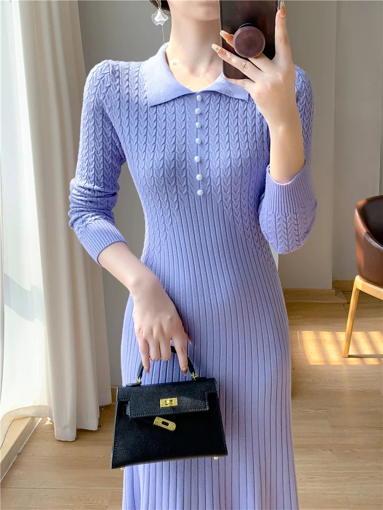Sweater Dress Women New 2025 Autumn Winter Purple White Or Black High Waist A Line Dress Elegant Long Knitted Dress