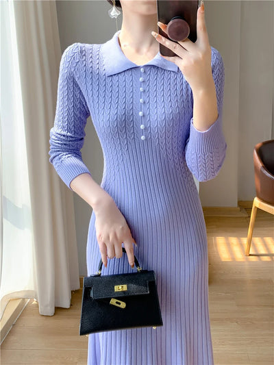 Sweater Dress Women New 2025 Autumn Winter Purple White Or Black High Waist A Line Dress Elegant Long Knitted Dress