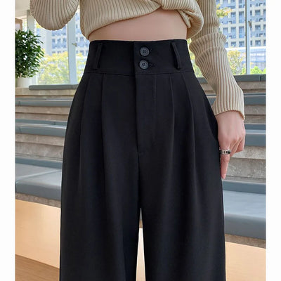 High Waist Wide Leg Pants for Women New Loose Straight Coffee Trousers Autumn Double Buttons Casual Suit Pants Female