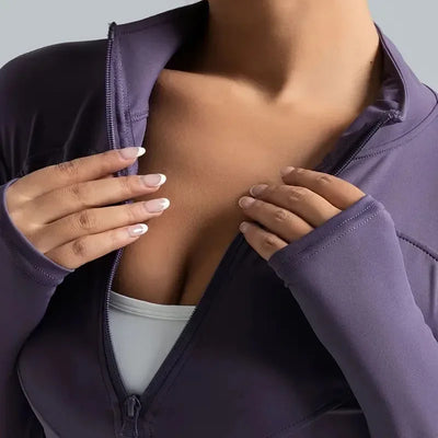 Women's Zip-Up Running Jacket Lightweight Stretchy Running Track Jacket with Thumb Holes, High Neck, Breathable Yoga Sportwear