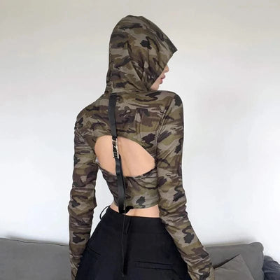 American Camo Streetwear Tops Women Back Hollow Out
