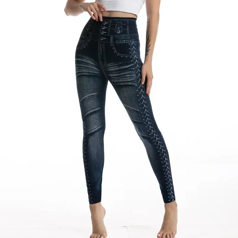 High Waist Faux Denim Leggings For Women