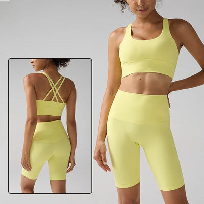 Women's 2 Piece Yoga Gym Sports Set Cross Back Bra Top & High Waist Shorts Fitness Running Workout Tracksuit👚
