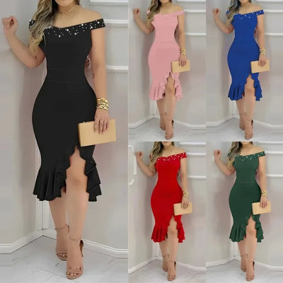 Womens Dresses New Summer Fashion Beaded Off Shoulder Ruffles Slit Hem Elegant Plain Short Sleeve Skinny Midi Party Dress