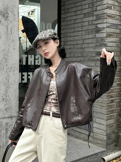 Women Blue Biker Pu Jackets Retro Streetwear Long Sleeve Moto Short Coats Casual O Neck Korean Fall Winter Pockets Outwear New