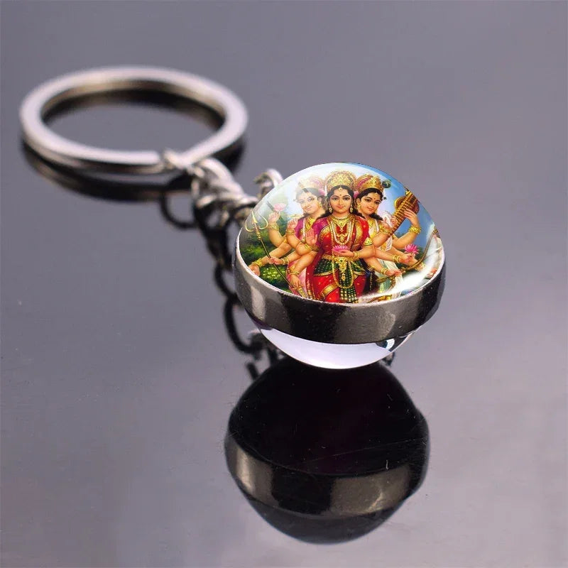 Hinduism Keychains Glass Ball Pendant Ganesha Lakshmi Shiva Goddess of Wealth Key Chains Amulet Indian Buddhist Jewelry