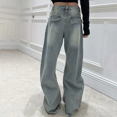 Women's Jeans, Double Waistband Washed Scimitar Work Pants, High Quality Cotton Wide Leg Pants, 2025, Spring, New, y2k