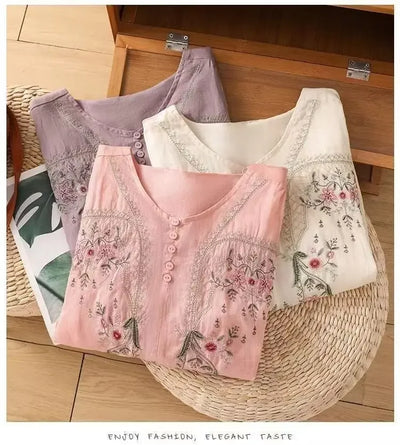 Linen V-neck EmbroideryTop For Women