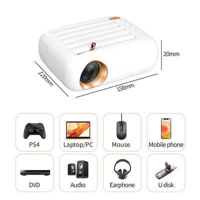 Portable Projector 50-200in Screen Size with HD/AV/USB Interfaces 30000H Lifespan Built-in Speaker Phone Projector for Home