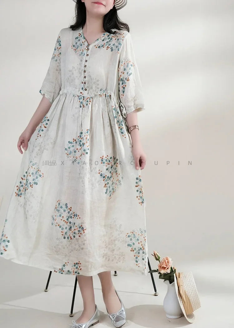 Summer Dress Women 2025 Long Print Elegant Clothing Vintage Elastic Waist Korean Beach Style V-Neck Fashion Robe Ropa De Mujer