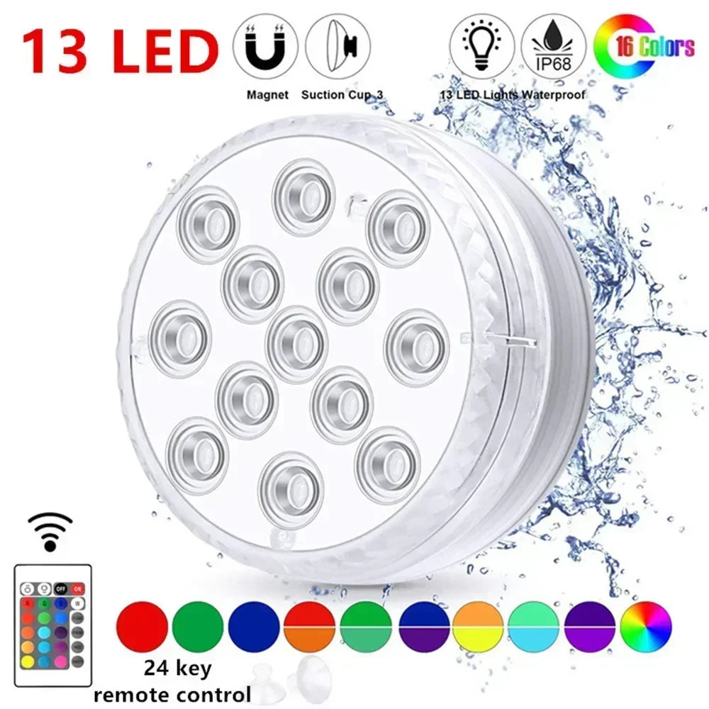 13 LEDs Submersible Light with Remote Control Underwater Night Lamp for Pool Vase Bowl Wedding Party Decoration Underwater Light
