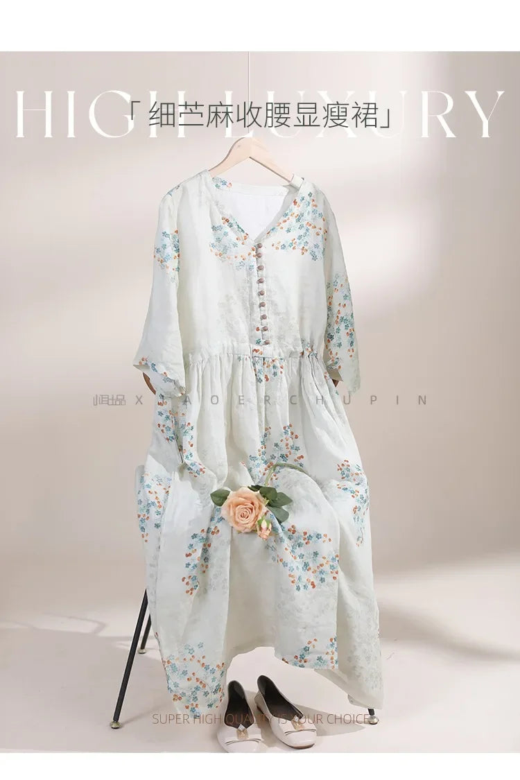 Summer Dress Women 2025 Long Print Elegant Clothing Vintage Elastic Waist Korean Beach Style V-Neck Fashion Robe Ropa De Mujer