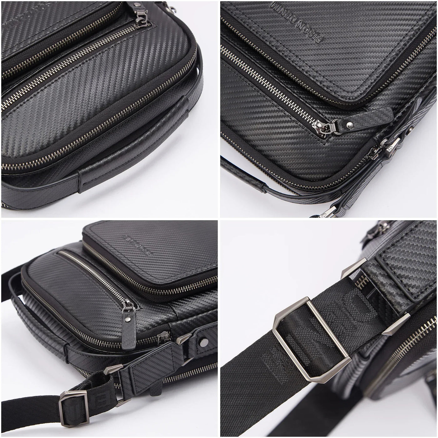 BISON DENIM Carbon Fiber Messenger Bag Men Casual Cowhide Leather Shoulder Crossbody Bag Gift Designer Handbags