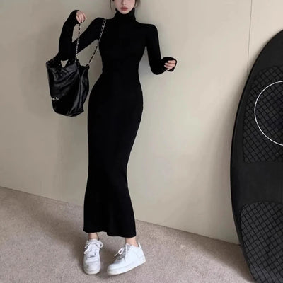 Long-sleeved High-necked Dress for Women Autumn Winter Bottoming Pure Lustful Sweet Girl Waist Tight Hip-hugging Long Skirt