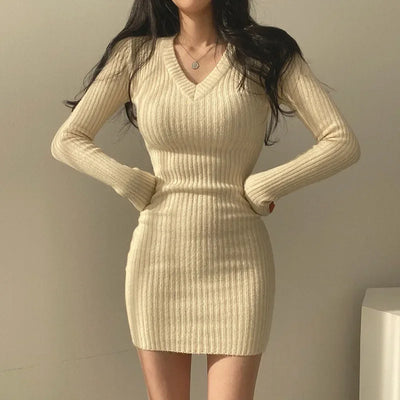 Korean Style Tight Knitted Dresses for Women Autumn Winter 2023 Long Sleeve Bodycon Dress Female Sexy V Neck Sweater Dress Woman