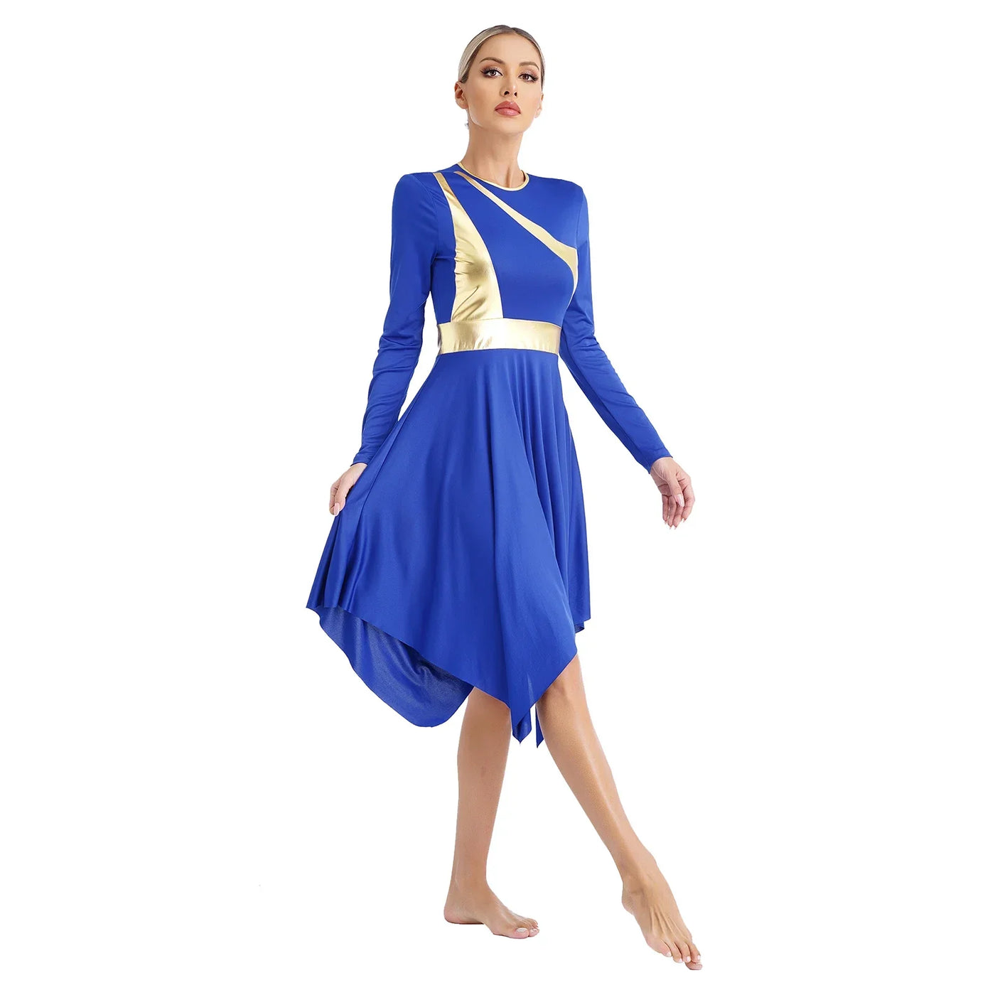 Women Church Choir Worship Liturgical Dress Modern Lyrical Dance Waltz Stage Performance Costume Long Sleeve Metallic Shiny Gown