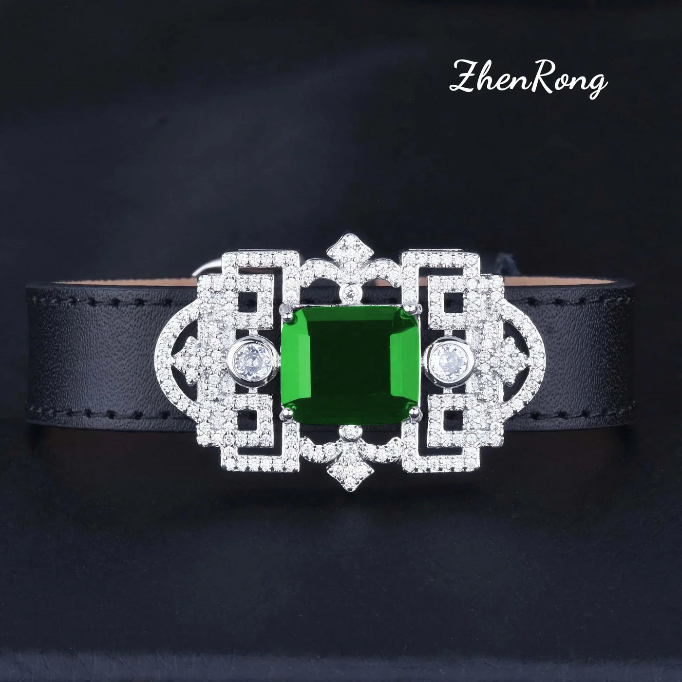 Foydjew Luxury Jewelry Women Artificial Emerald Choker Wristband Collar Pendant Necklaces Inlaid Zircon Leather Belt Bracelets