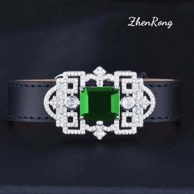 Foydjew Luxury Jewelry Women Artificial Emerald Choker Wristband Collar Pendant Necklaces Inlaid Zircon Leather Belt Bracelets