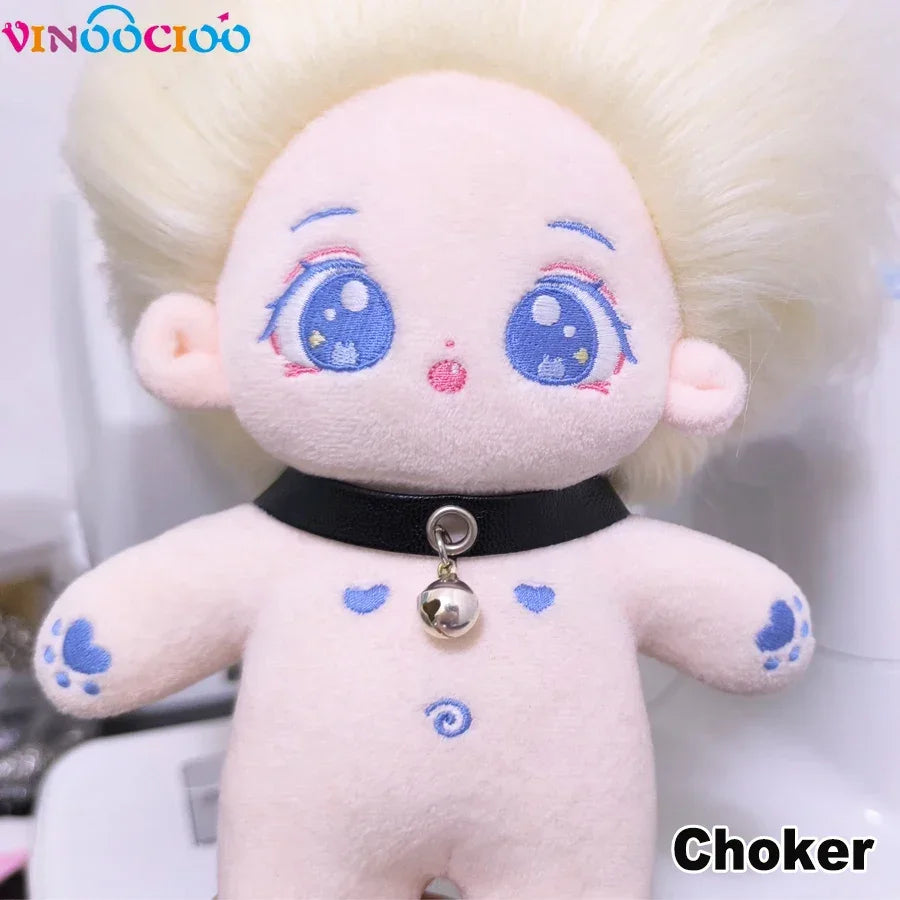 20cm Cotton Doll Choker Skull Necklace with Chains Bell Leather Leadrope Handmade Cotton Doll Accessories