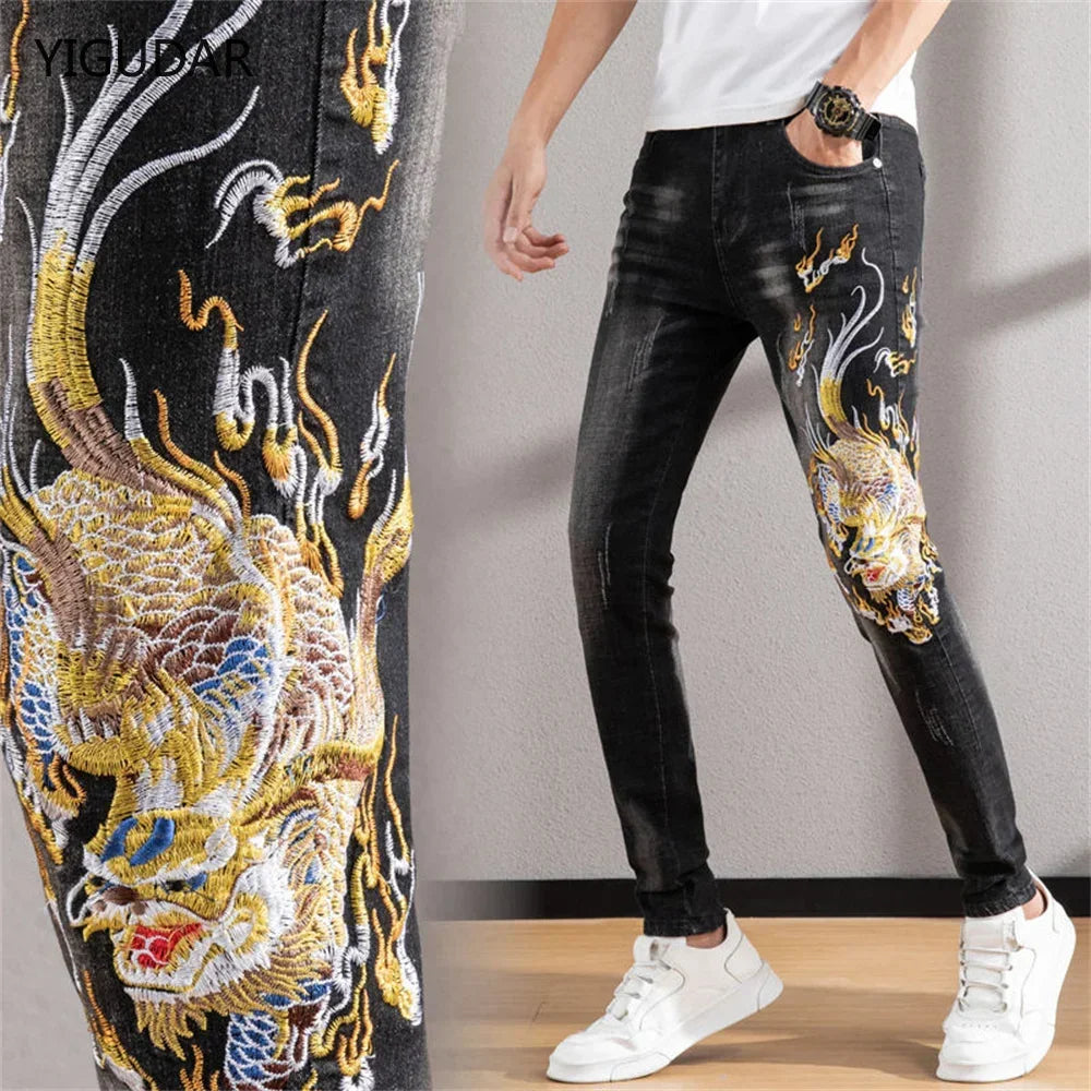 Men's Chinese Dragon Embroidery Jeans Fashion Kylin Embroidered Slim Pencil Pants Stretch Denim Trousers jeans for men pants