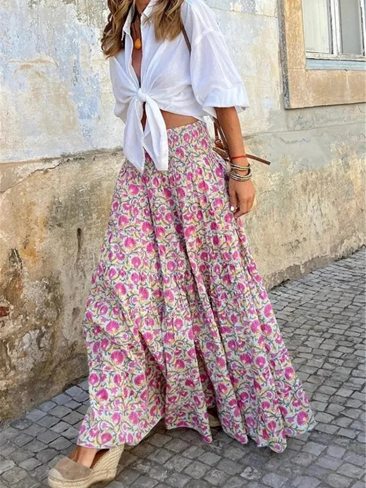 Fashion Skirts for Women Flower Printing Long Skirt Elastic Waist Elegant Clothing  Casual Loose