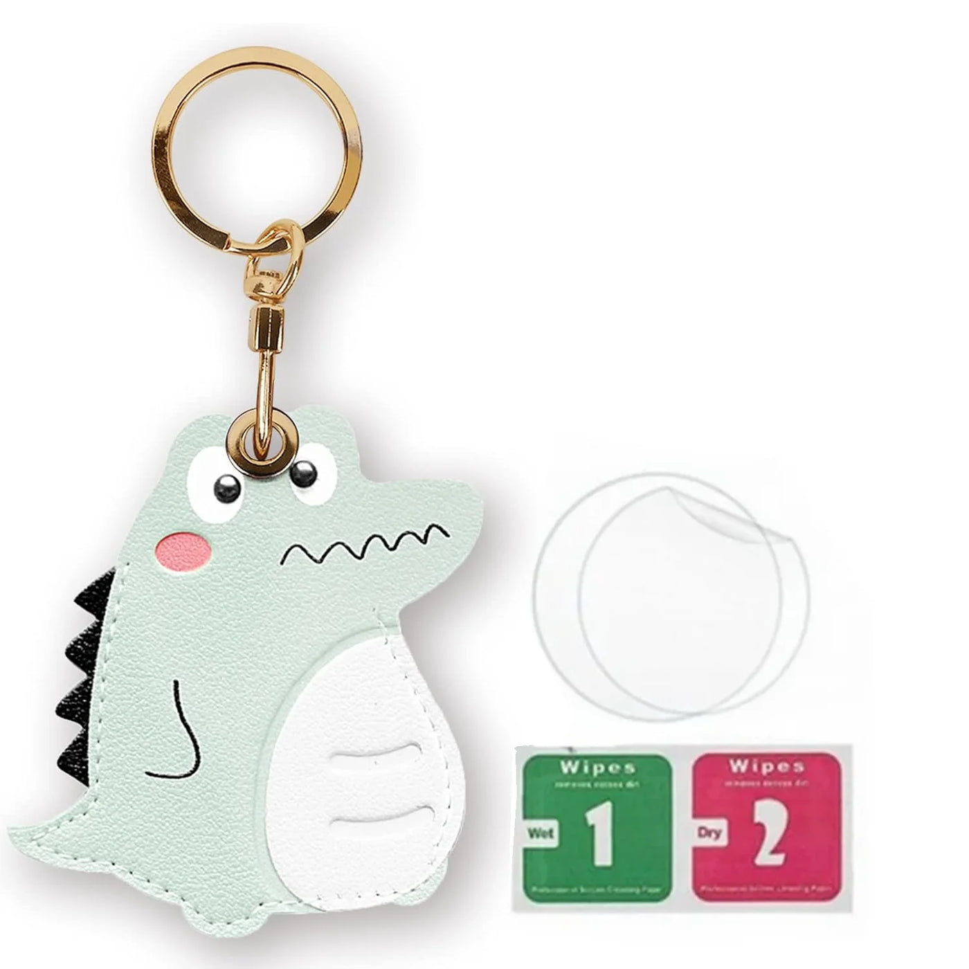 Mint green faux leather dinosaur AirTag keychain with hand straps and gold ring