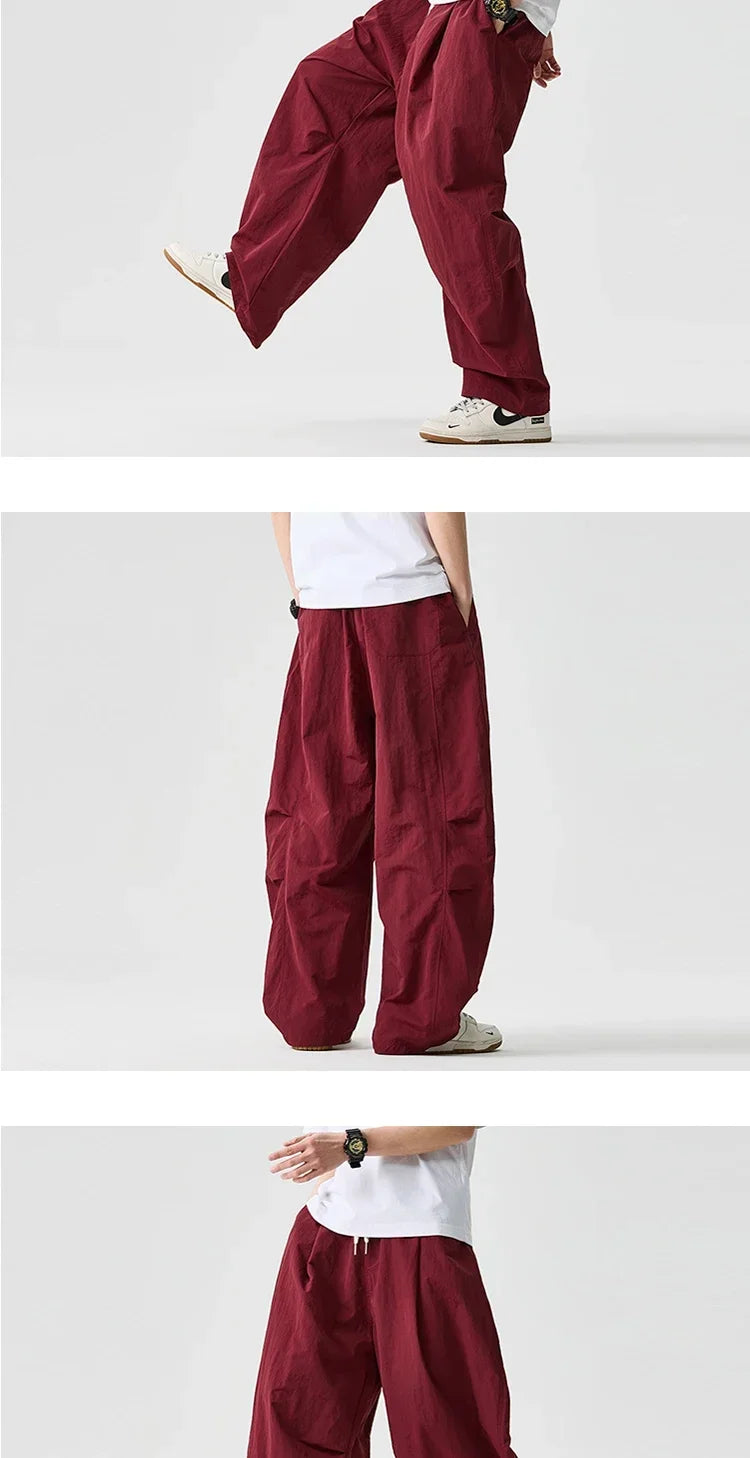 Wide leg Pants Men Harajuku Japanese Style Loose Casual Pants Men Solid Comfortable Elastic Waist Trouser Outdoor Walking Hiking