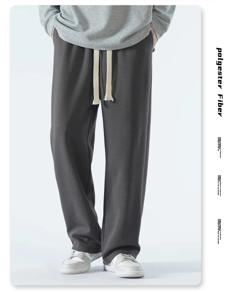 New Men's Casual Pants Wide Leg Straight 65% Cotton Fabric Outdoor Sweatpants Neutral High-quality Soft Long Baggy Trousers