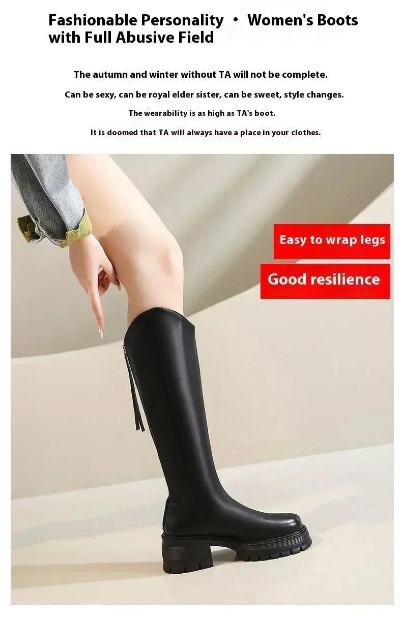 Long tube boots for women 2025 winter new height increasing knight thick heel retro versatile women’s