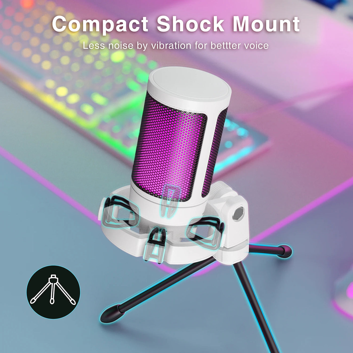 AmpliGame USB Gaming Microphone with Quick Mute,RGB Condenser Mic with Tripod for PC,PS5,Laptop Streaming Podcasting -A2W White