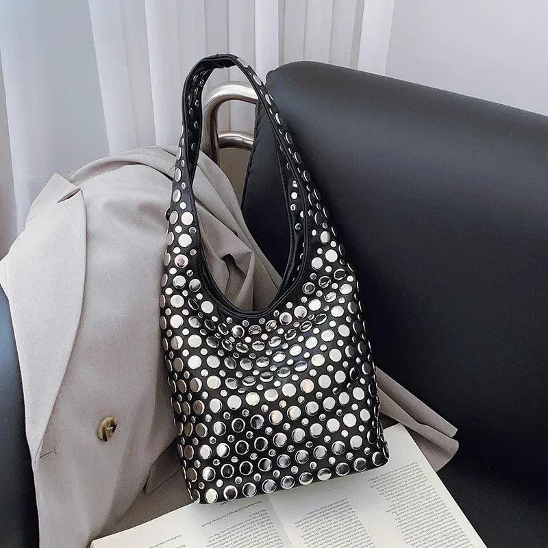 Designer geometric shoulder bag for women top brand handbag luxury shiny rivet handmade evening clutch fashion party
