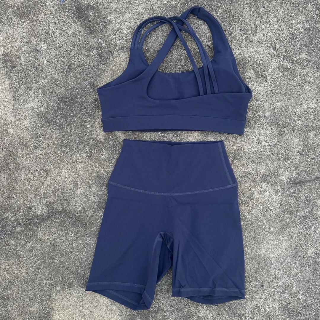 Solid Color Soft Tight Women Gym Yoga Short Legging Cycling Set High Impact Cross Back Shoulder Strap Fitness Sports Bra Workout