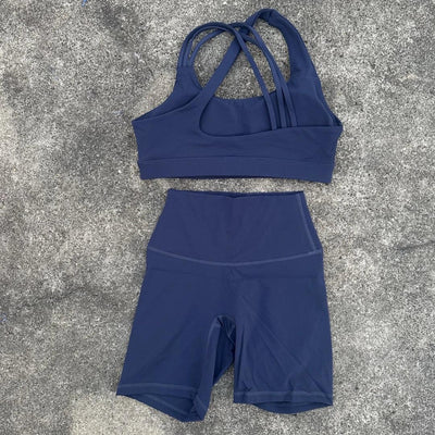 Solid Color Soft Tight Women Gym Yoga Short Legging Cycling Set High Impact Cross Back Shoulder Strap Fitness Sports Bra Workout