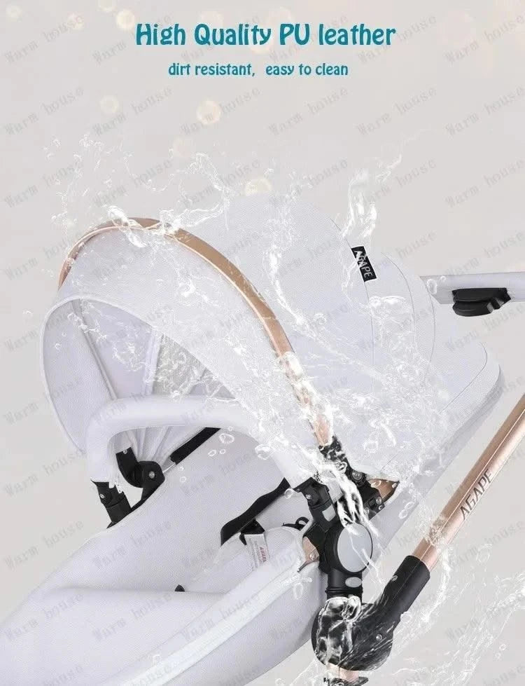 3-in-1 Luxury High-view Baby Stroller with Car Seat Foldable Newborn Baby Stroller PU Leather Two-way Baby Stroller