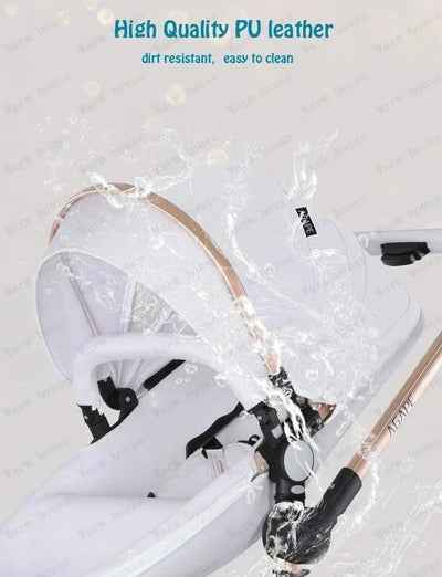 3-in-1 Luxury High-view Baby Stroller with Car Seat Foldable Newborn Baby Stroller PU Leather Two-way Baby Stroller