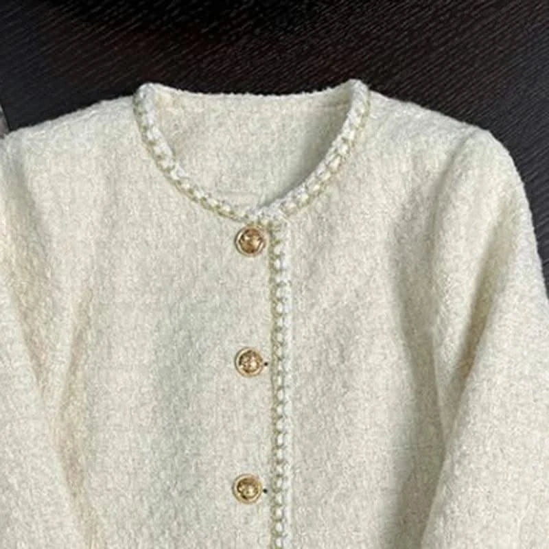 Women Vintage Jacket Autumn Winter Coat Off White Crop French Tweed