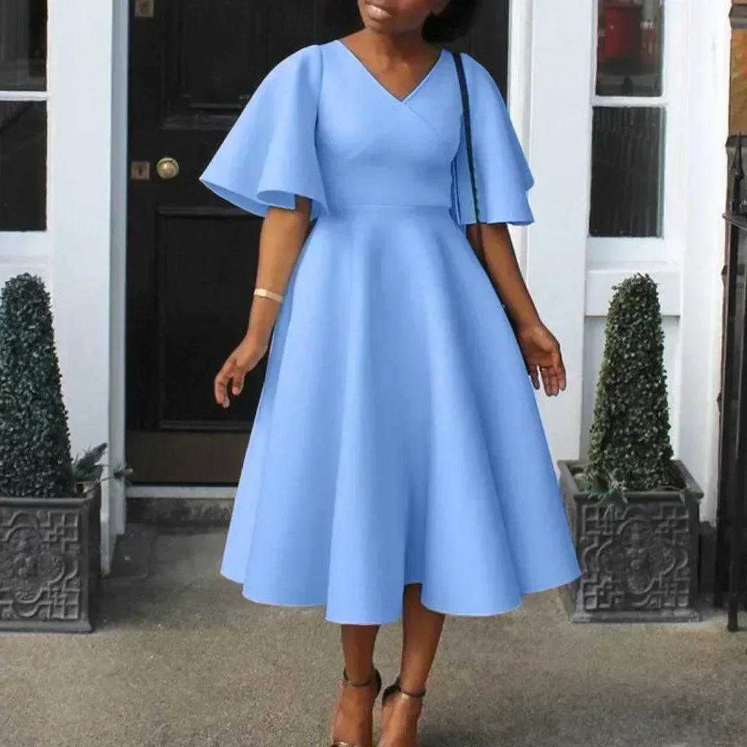 Elegant party dresses for women v neck ruffles sleeve high waisted pleated mid calf luxury birthday dinner vestidos