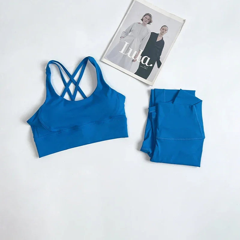 2 Pieces Yoga Set Women Gym Set Workout Clothes Sports Suits High Waist Leggings Cross Straps Fitness Bra Running Tracksuit👚👍️