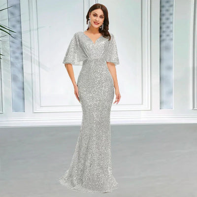 Elegant Sequin Evening Dresses for Women 2025 V Neck Mermaid Cape Sleeves Plus Size Wedding Prom Formal Party Gowns Customized