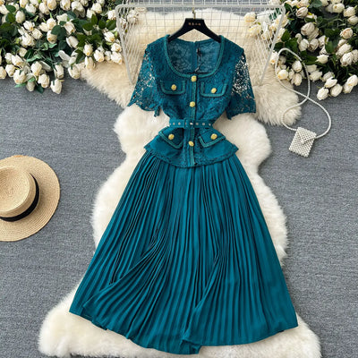 Designer 2025 Summer Pleated Chiffon Lace Long Dress Women Flower Embroidery Gold Button Belt Evening Party Dresses Wedding Robe